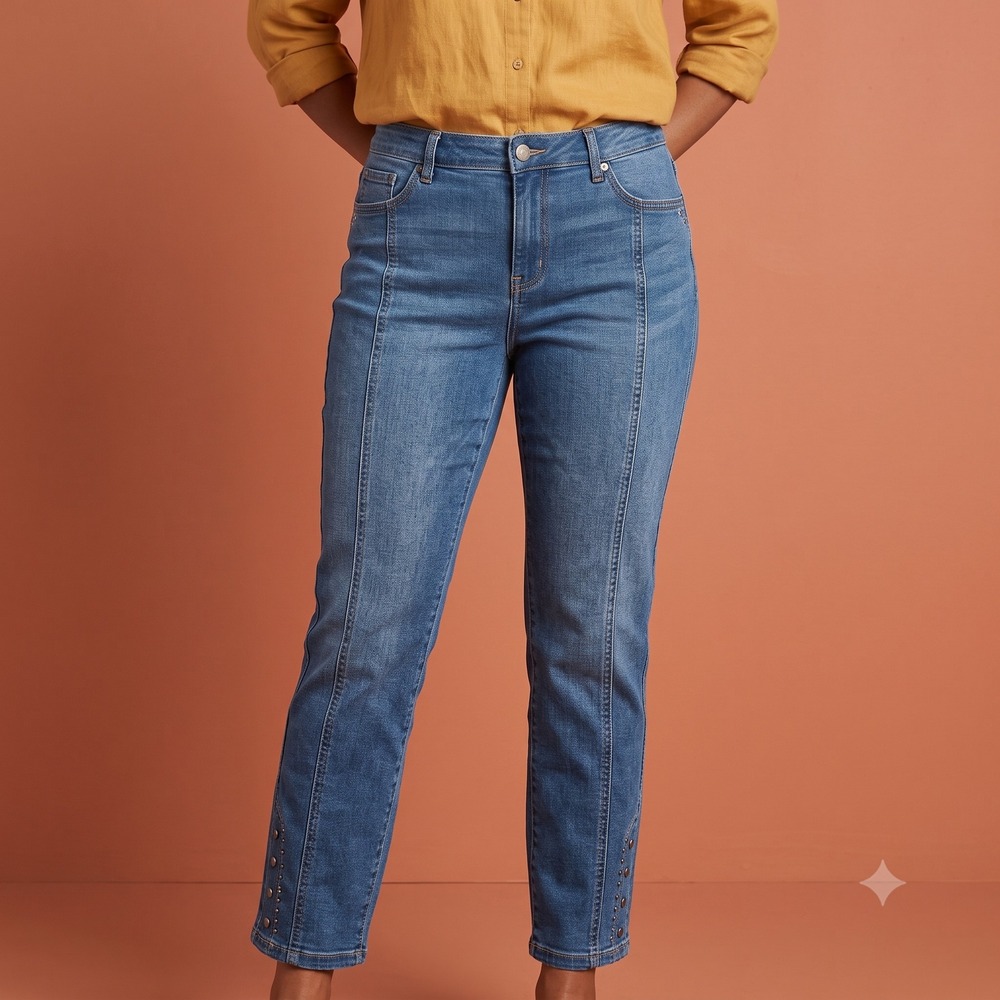 Sugar Magnolia Front Seam Studded Flare Jeans Women's‎ 10 Blue Denim EUC